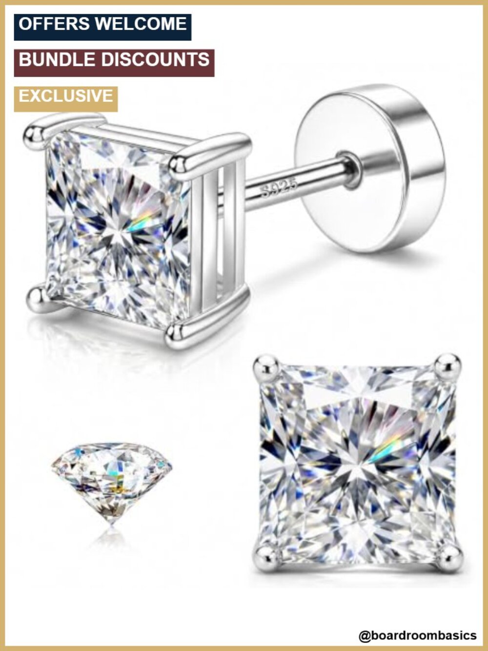 925 Sterling Silver Square CZ Stud Earrings Screw Back Unisex 4-Prong